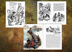 ILLUSTRATION |  Jugendbuch, Abenteuer in fernen Landen (u. a. für Verlage Patmos, Loewes, Schaffstein); Tusche, Frottage (farbig) 