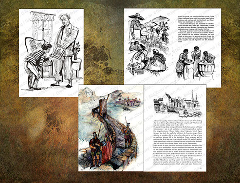 ILLUSTRATION |  Jugendbuch, Abenteuer in fernen Landen (u. a. für Verlage Patmos, Loewes, Schaffstein); Tusche, Frottage (farbig) 