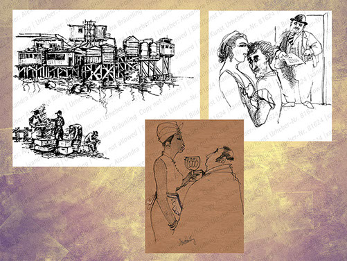 ILLUSTRATION |  Bellertristik; Steinbecks Tortilla Flat, Tuschezeichnung, - Kusenberg "Die schwarze Köchin", Filzstift Spezialpapier 