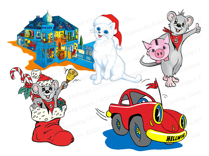 CHARACTER-DESIGN; Symphathiefigur | Katze Filofee (AVON, Produktion: Bondy, Lüneburg), Maus Toby (Sparkasse Lüneburg), Axel (KFZ-Werkstatt) 