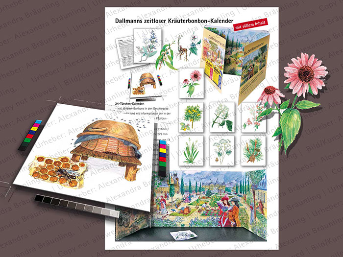 populärwiss. ILLUSTRATION |  Mit Bonbons gefüllter Klapp-Kalender und das Zubehör;  populärwissenschaftliche Arbeiten für einen Kräuterbonbonh 