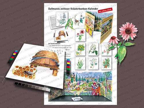 populärwiss. ILLUSTRATION |  Mit Bonbons gefüllter Klapp-Kalender und das Zubehör;  populärwissenschaftliche Arbeiten für einen Kräuterbonbonh 