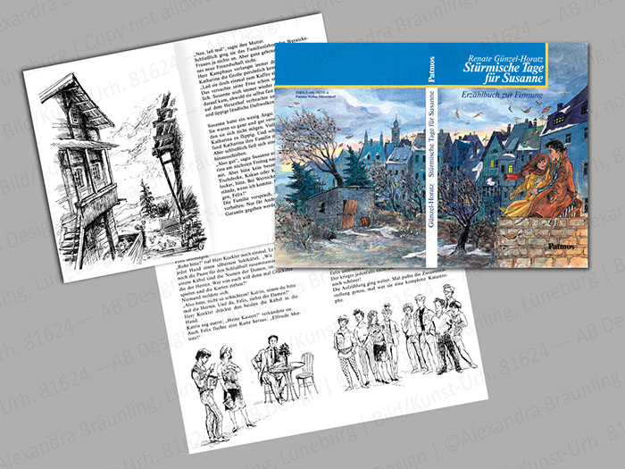 ILLUSTRATION |  Jugendbuch zur Kommunion, Tusche, Aquarell, Frottage. 4- bändige Reihe