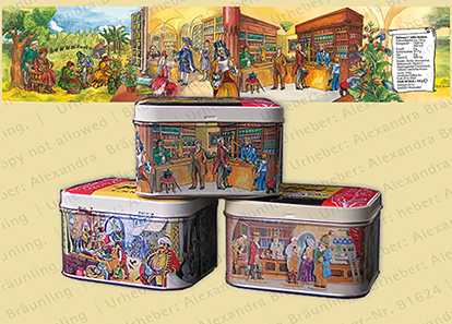 ILLUSTRATION |  illustrativer historischer Ablauf über die Verwendung von Heilkräutern (Motive: Mittelalter, Orient und Okzident u.a.); Fries 