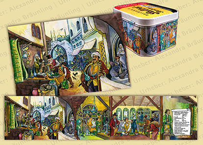 ILLUSTRATION |  illustrativer historischer Ablauf über die Verwendung von Heilkräutern (Motive: Mittelalter, Orient und Okzident u.a.); Fries 