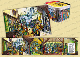 ILLUSTRATION |  illustrativer historischer Ablauf über die Verwendung von Heilkräutern (Motive: Mittelalter, Orient und Okzident u.a.); Fries 