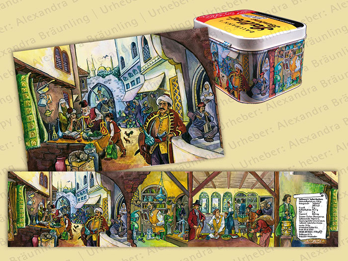 ILLUSTRATION |  illustrativer historischer Ablauf über die Verwendung von Heilkräutern (Motive: Mittelalter, Orient und Okzident u.a.); Fries 