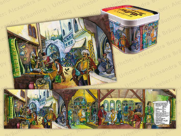 ILLUSTRATION |  illustrativer historischer Ablauf über die Verwendung von Heilkräutern (Motive: Mittelalter, Orient und Okzident u.a.); Fries 