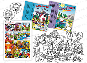 ILLUSTRATION |  Comicstil; 	 - Hörspielkassetten-Cover u. Begleithefte zu diversen namhaften Marken.  - Ausmalbilder für eine Krankenhausfibel