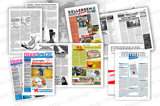 Printprodukte aus dem Verlagswesen: Zeitungen, Newsletter, Magazine.  Layout, Bildbearbeitung, Anzeigengestaltung sowie Redaktion bei einzelnen