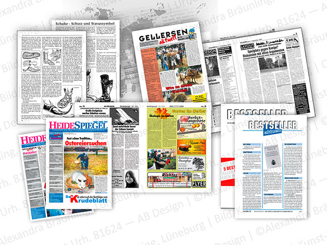 Printprodukte aus dem Verlagswesen: Zeitungen, Newsletter, Magazine.  Layout, Bildbearbeitung, Anzeigengestaltung sowie Redaktion bei einzelnen