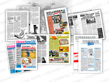 Printprodukte aus dem Verlagswesen: Zeitungen, Newsletter, Magazine.  Layout, Bildbearbeitung, Anzeigengestaltung sowie Redaktion bei einzelnen