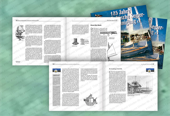 Covergestaltung und Layout: Jubiläumsschrift für einen großen Segelverein mit den Gruppen Hamburg, Steinhude, Berlin. Innengestaltung, EBV, Illu
