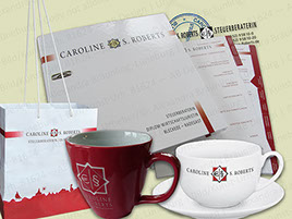 Rund-um Ausstattung einer Steuerberatungsgesellschaft: Tragetasche, Tassen und Becher, Aktenordner mit Innenblättern, Stempel etc. 